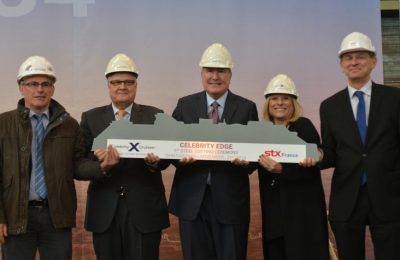 President and CEO Lisa Lutoff-Perlo (second right) cuts the first piece of steel for Celebrity Edge, the first ship of its class. She is joined by (from left to right) Jean-Yves Jaouen, Operations Senior Vice President, STX France; Harri Kulovaara, Executive Vice President Newbuild and Innovation, Royal Caribbean Cruises, Ltd.; Richard D. Fain, Chairman and CEO, Royal Caribbean Cruises, Ltd.; and Laurent Castaing, General Manager, STX France.