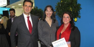 Dimitris Tryfonopoulos, GNTO Secretary General; Elena Kountoura, Tourism Minister; and Bettany Hughes, historian, author, and broadcaster.
