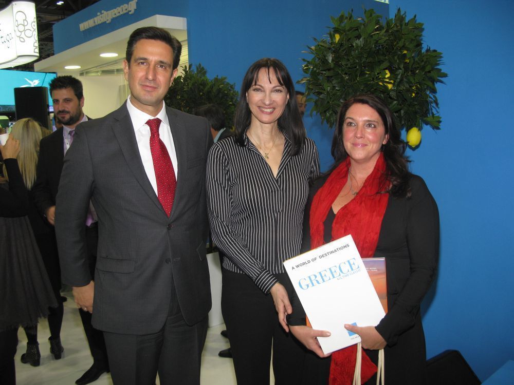 Dimitris Tryfonopoulos, GNTO Secretary General; Elena Kountoura, Tourism Minister; and Bettany Hughes, historian, author, and broadcaster.
