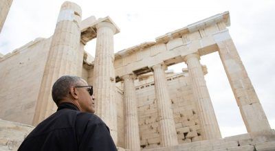 President Barack Obama takes a tour of the Acropolis in Athens, Greece, Nov. 16, 2016. Dr. Eleni Banou, Director, Ephorate of Antiquities for Athens, Ministry of Culture, leads the tour. (Official White House Photo by Pete Souza)