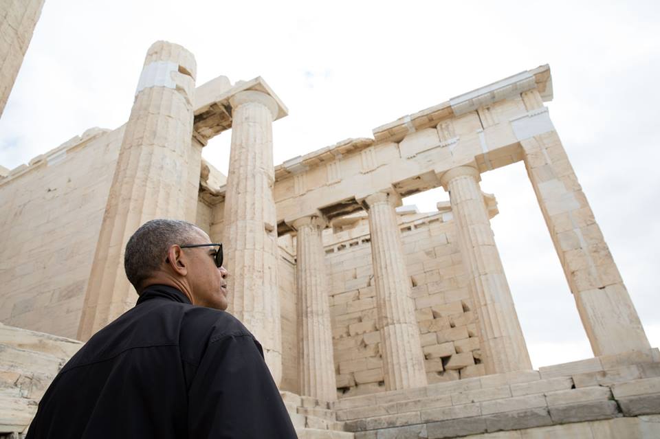 President Barack Obama takes a tour of the Acropolis in Athens, Greece, Nov. 16, 2016. Dr. Eleni Banou, Director, Ephorate of Antiquities for Athens, Ministry of Culture, leads the tour. (Official White House Photo by Pete Souza)
