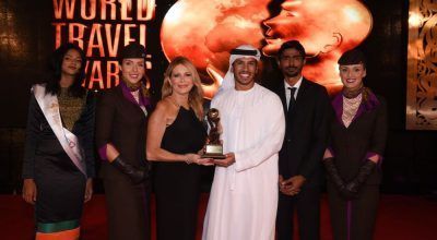 Etihad Airways Vice President Guest Services Linda Celestino and Manager Marketing Communications Abdulrahman Al-Hadhrami accept the awards for ‘World’s Leading Airline’ and ‘World’s Leading Airline – First Class’ during the 23rd World Travel Awards held in the Maldives.