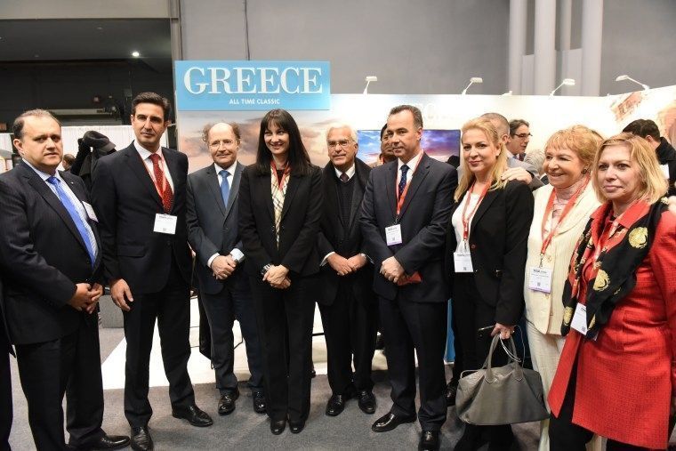 Tourism Minister Elena Kountoura inaugurating the Greek stand at the 2017 New York Times Travel Show.