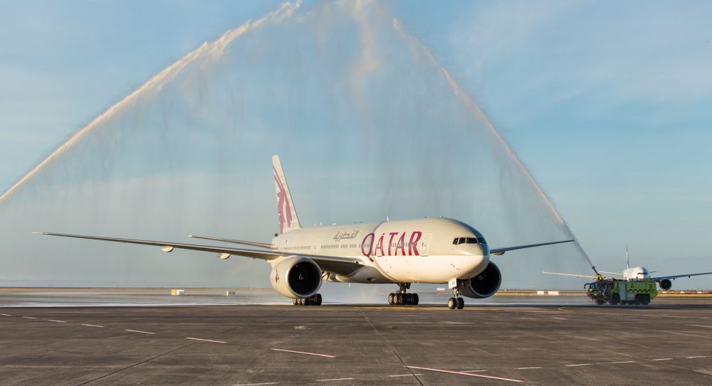Auckland Airport welcomes the first Qatar Airways flight with a traditional water cannon salute.