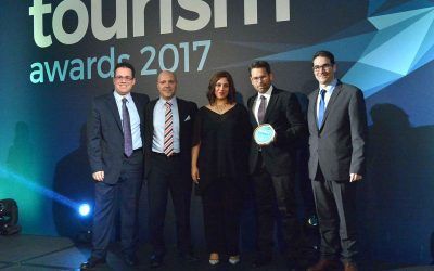 Aqua Vista Hotels' assistant director of sales, Alexander Dardoufas; director of sales, Yiorgos Tsolakakis; business development manager, Sophia Matzouranis; and the architect and owner of the Kassandra Bay, Leonidas Bays, receiving the Gold Award in the 