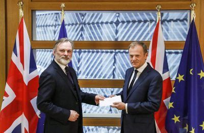 The Article 50 notification letter was delivered to European Council President Donald Tusk by British Ambassador to the EU Tim Barrow on March 29.