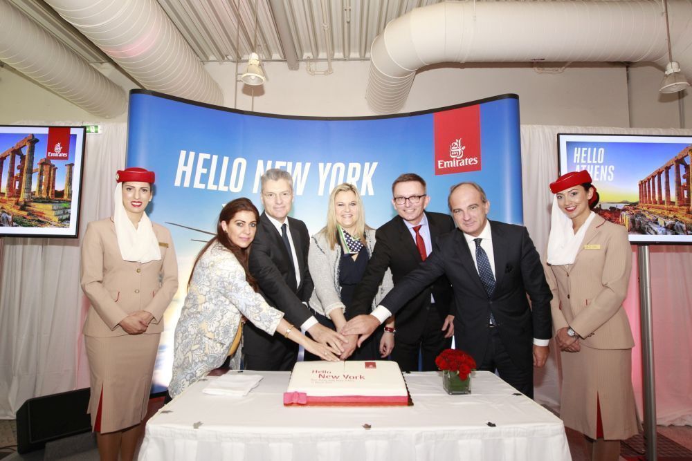 Reema Al Marzooqi, Emirates Area Manager Greece & Albania; Yiannis Paraschis, Athens International Airport CEO; Evridiki Kourneta, Tourism Ministry Secretary General; Hubert Frach, Emirates Divisional Senior Vice President Commercial Operations West; and Tierry Aucoc, Emirates SVP Commercial Operations Europe & Russian Federation.