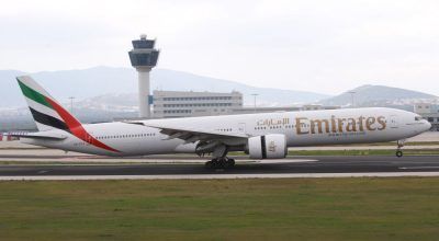 The Emirates B777-300ER landing at Athens International Airport at 14:25 local time on Sunday, March 12.