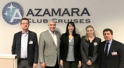 Tourism Minister Elena Kountoura with GNTO USA-Canada Director Grigoria Kamaterou and Azamara Cruises Club CEO Larry Pimentel.