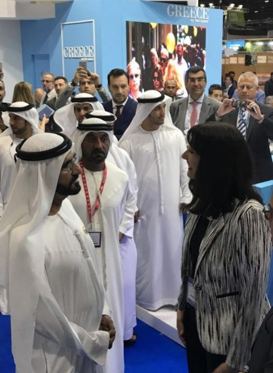 Sheikh Mohammed bin Rashid Al Maktoum, Vice-President and Prime Minister of UAE and Ruler of Dubai, speaking with Greek Tourism Minister Elena Kountoura at the GNTO stand at the ATM 2017.
