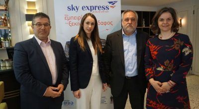 Sky Express' commercial director, Yiannis Lidakis; CEO, Niki Karagoule Karageorgiou; Chairman, Theodoros Krokidas; and the general manager of AviaReps Group, Vasiliki Christidi.