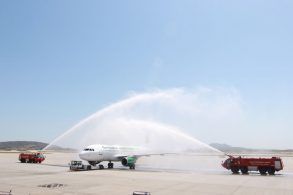 Germania's aircraft receiving a water salute by Athens International Airport upon arrival from Bremen.