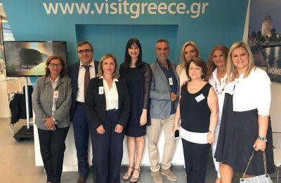 Greek Tourism Minister Elena Kountoura at the GNTO Pavilion at the 82nd TIF. She is accompanied by Tourism Ministry Secretary General, Evridiki Kourneta; GNTO Director of Offices Abroad Ioulia Kouremenou, GNTO Secretary General Kostantinos Tsegas, GNTO General Director of Promotion Athina Spakiou, GNTO President Charalambos Karimalis; GNTO Vice President Angeliki Chondromatidou, GNTO Director of Market Research and Advertising Pinelopi Nobilaki and GNTO PR Manager Eleni Gerolymatou.