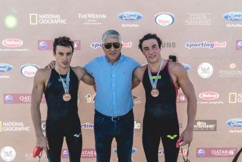 Pylos-Nestor Mayor, Dimitrios Kafantaris with the first swimmers in Navarino Challenge (photo by Mike Tsolis).