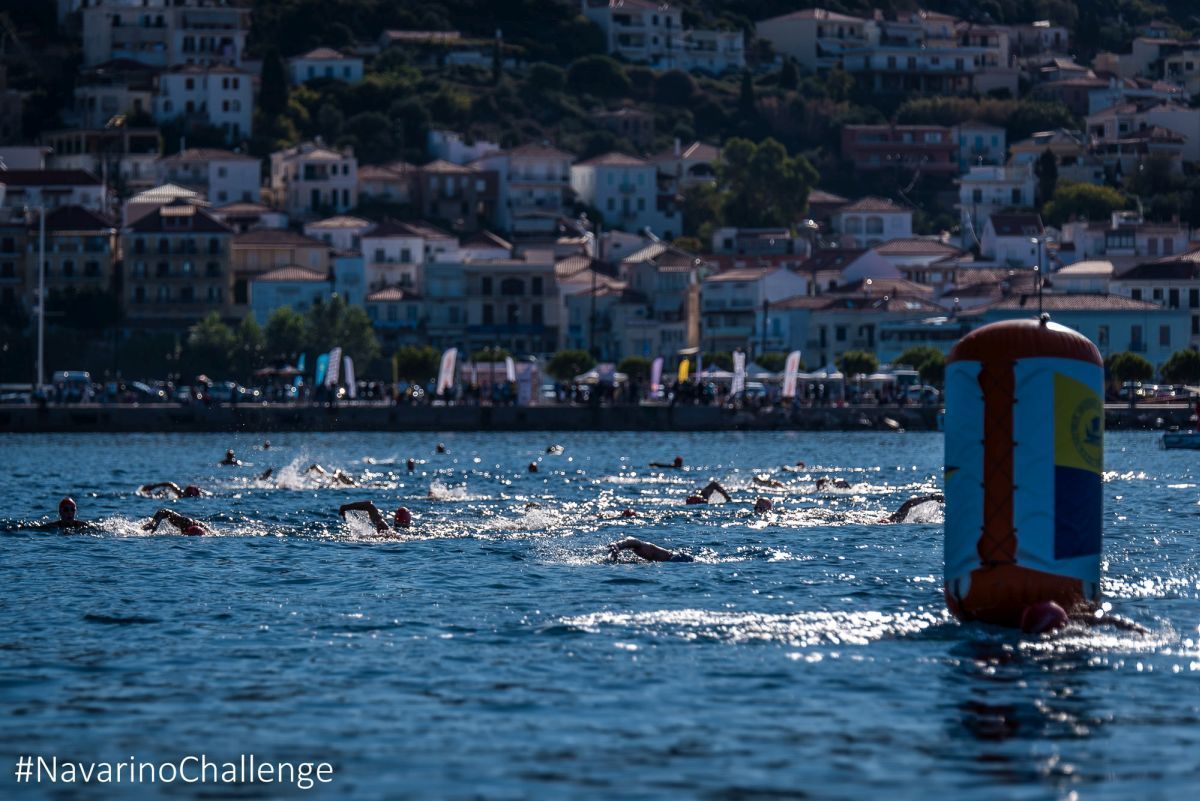 The 1 mile swimming route of Navarino Challenge at the Navarino Bay, at Pylos port (photo by Elias Lefas).