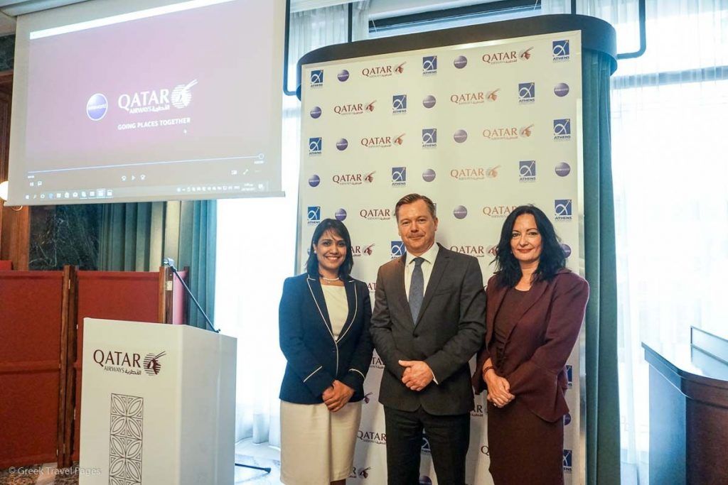 (From left) Qatar Airways' Country Manager for Greece and Cyprus, Theresa Cissell and Senior Vice President for Europe, Jonathan Harding, with Ioanna Papadopoulou, director of communications and marketing of Athens International Airport.