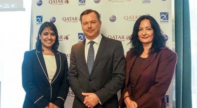 (From left) Qatar Airways' Country Manager for Greece and Cyprus, Theresa Cissell and Senior Vice President for Europe, Jonathan Harding, with Ioanna Papadopoulou, director of communications and marketing of Athens International Airport.