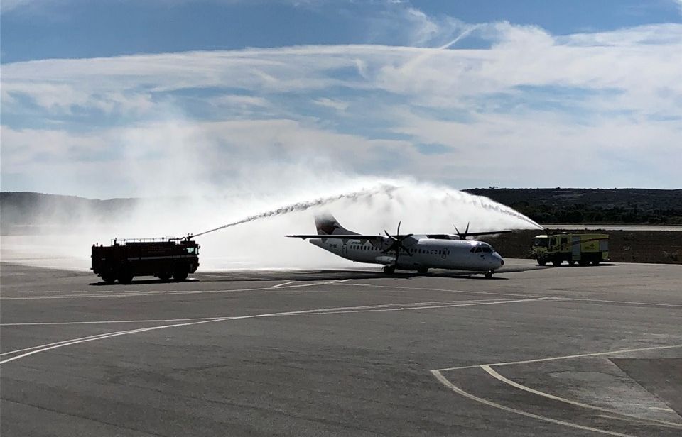 Sky Express aircraft receiving a water salute by Kos Airport.
