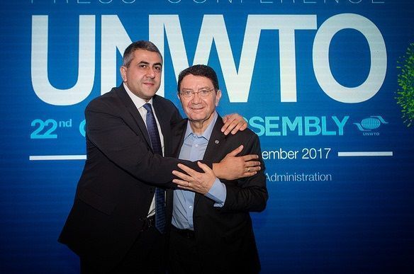 Newly appointed Secretary General of the World Tourism Organization (UNWTO) Zurab Pololikashvili and Former UNWTO Secretary General Taleb Rifai.