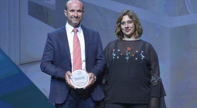 Opera Mansion owner Fanis Stratomitros and Aqua Vista Hotels group business development manager Sophia Matzourani received the silver award in the Architecture & Interior Design category (Renovation subcategory).