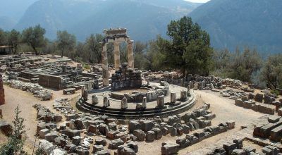 Delphi on Mount Parnassos and the valley that leads to the coastal town of Itea.