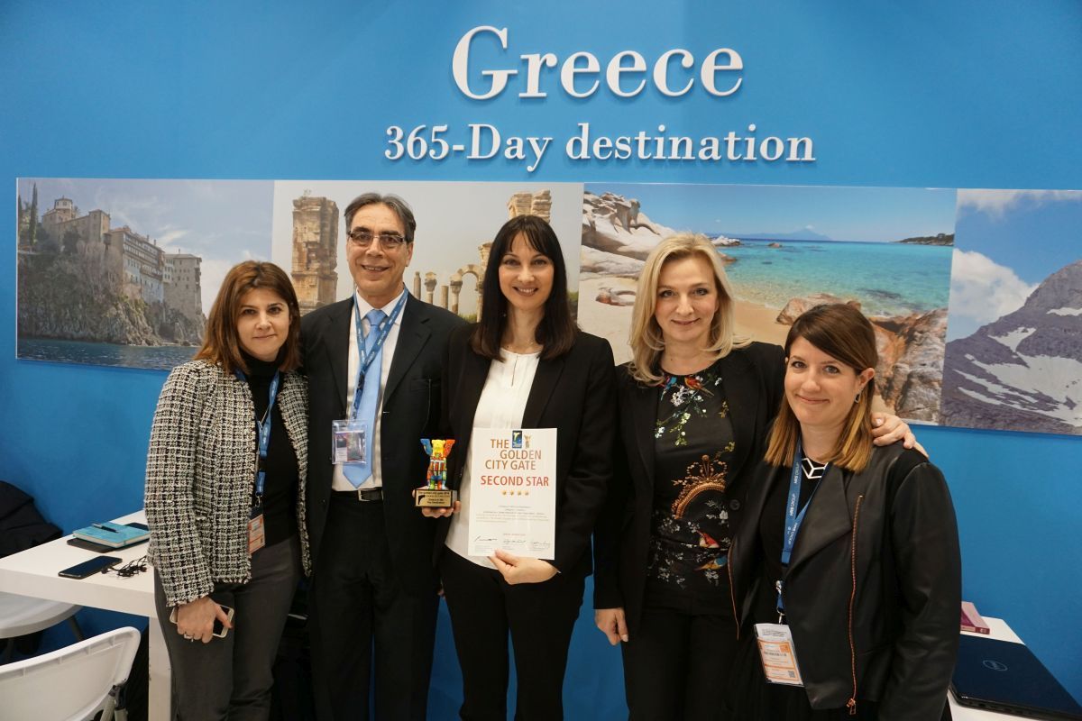 Viki Stroumpou, Head of GNTO office in Germany; Petros Saganas, GNTO Market Research and Advertising Director; Elena Kountoura, Greek Tourism Minister; Aggeliki Chondromatidou, GNTO Vice President; and Eleftheria Fili, Head of the Publications and Audiovisual Department. Photo © Greek Travel Pages