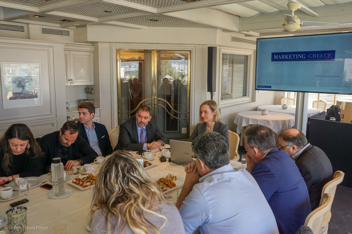 Marketing Greece's media briefing was attended by the president of the Hellenic Chamber of Hotels and company's VP, Alexandros Vassilikos (center).