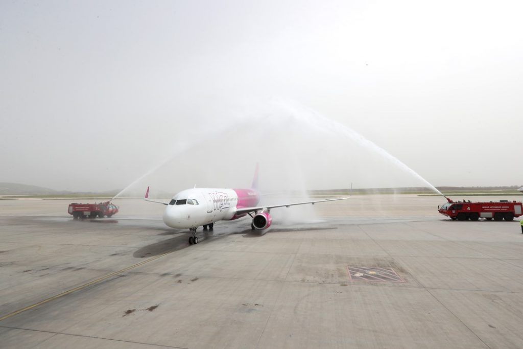 Wizz Air aircraft receiving a water salute by Athens Airport.