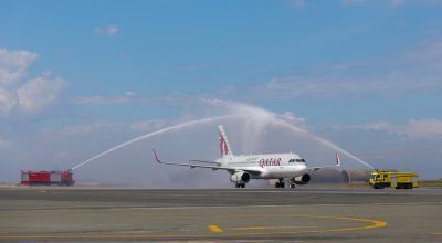 Qatar Airways Airbus A320 was welcomed to Thessaloniki International Airport 