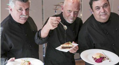 Chefs Lefteris Lazarou, Christoforos Peskias and Stelios Parliaros. Photo: Mara Desipris