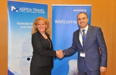 Eva Karamanou, General Manager Greece and Cyprus and Deputy Regional Manager for Southern Europe at Amadeus and Aspida Travel Managing Director Dimitris Matthaios.