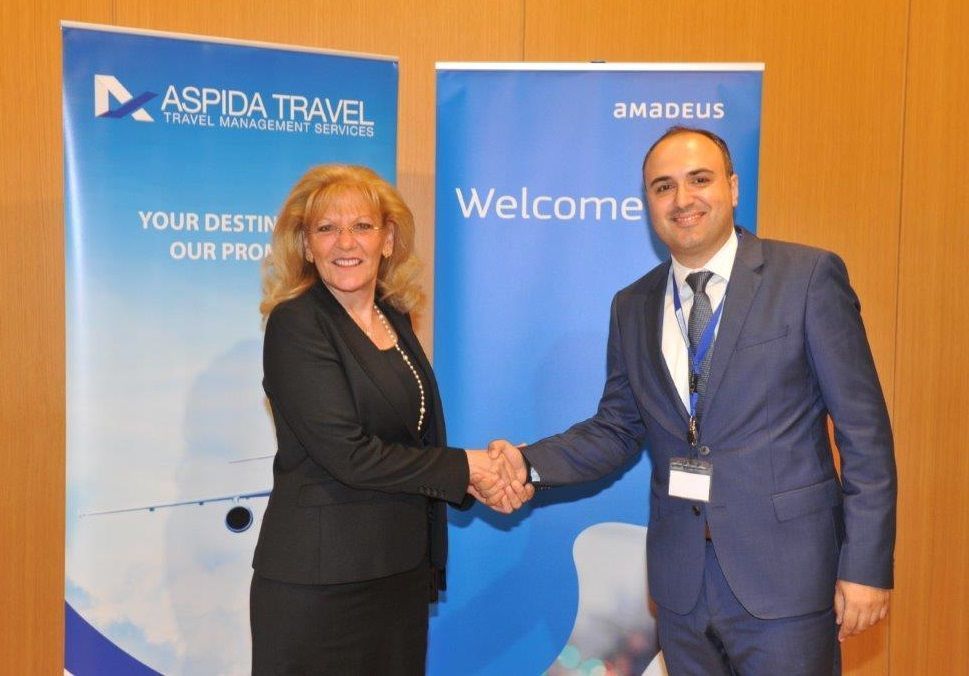 Eva Karamanou, General Manager Greece and Cyprus and Deputy Regional Manager for Southern Europe at Amadeus and Aspida Travel Managing Director Dimitris Matthaios.