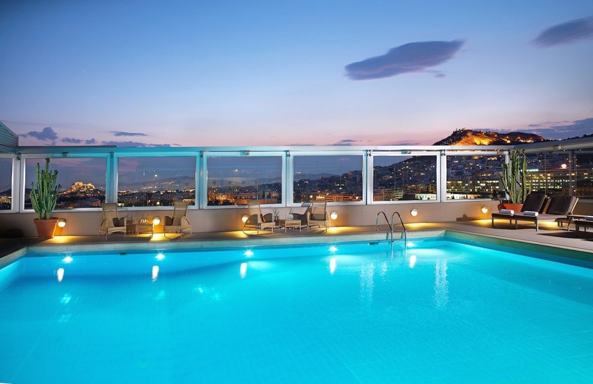 The pool at the rootop of the Divani Caravel hotel.