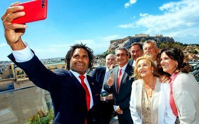 Former football player Christian Karembeu is among the speakers of the Peace and Sport Regional Forum. In the photo with South Aegean Governor George Hatzimarkos; modern pentathlon Olympic medallist Joël Bouzou; former Tourism Minister of Greece Fani Palli Petralia and Aegean Public Relations and Press Director Roula Saloutsi. Photo Source: @George Hatzimarkos