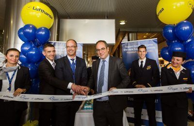 Ribbon cutting ceremony by Lufthansa Group’s Konstantinos Tzevelekos, General Manager Passenger Sales Greece & Cyprus and Peter Pullem, Senior Director Sales Central, Eastern and Southeast Europe with George Vilos, Fraport Greece Executive Director Commercial & Business Development.