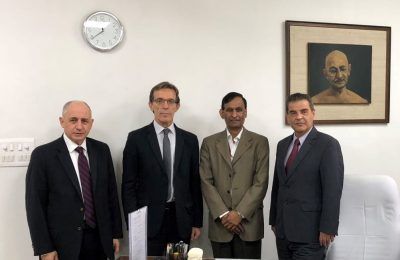 TIF Helexpo President Tasos Tzikas with CEO Kyriakos Pozrikidis, the Head of the India Trade Promotion Organization, LC Goyal, and the Commercial Attaché of the Greek Embassy in India, Vasilis Skronias.