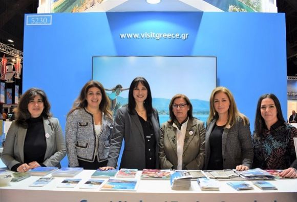 Greek Tourism Minister Elena Kountoura at the Greek stand with the GNTO team in Brussels.