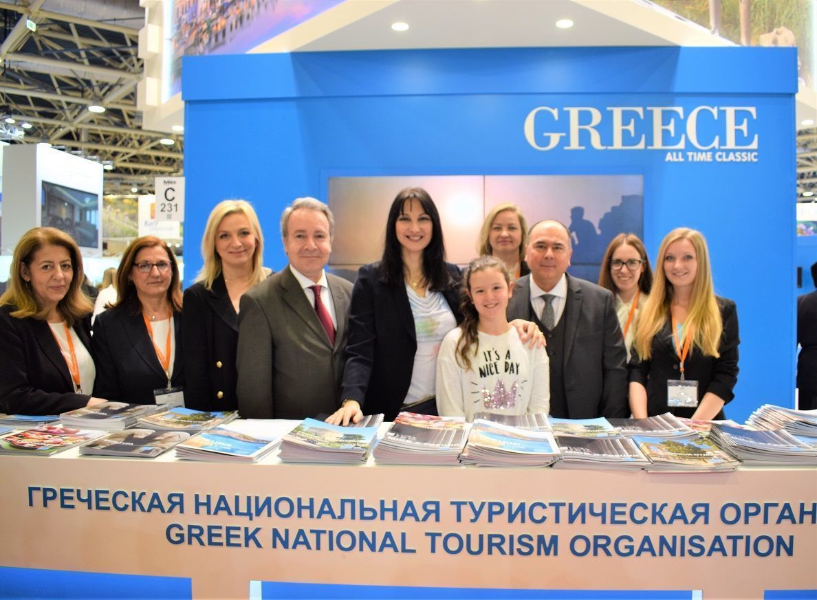 Greek Tourism Minister Elena Kountoura at the Greek stand with Greek Ambassador to Russia Andreas Fryganas, GNTO VP Aggeliki Chondromatidou, GNTO Russia & CIS Head Polykarpos Efstathiou and GNTO executives.