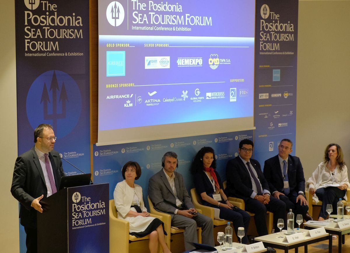 Greek Tourism Minister Thanasis Theocharopoulos speaking during the 5th Posidonia Sea Tourism Forum.