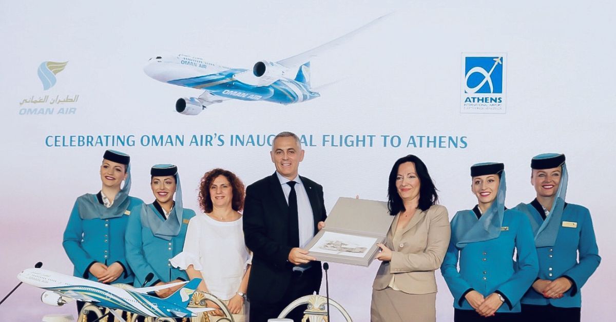 Oman Air Country Manager Tina Kalamara, Oman Air Senior VP Laurent Recoura and AIA Communications & Marketing Manager Ioanna Papadopoulou, during a press conference in Athens.