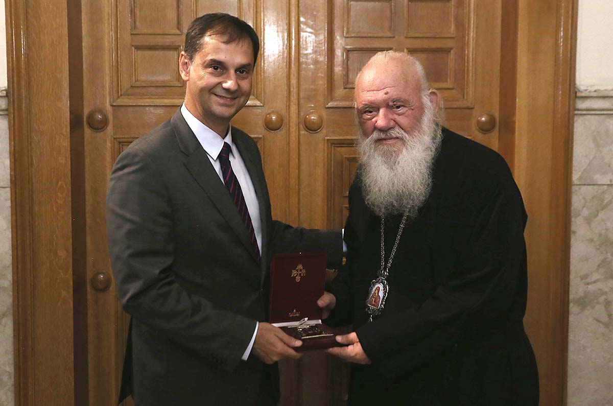 Archibishop Ieronymos and Greek Tourism Minister Harris Theocharis