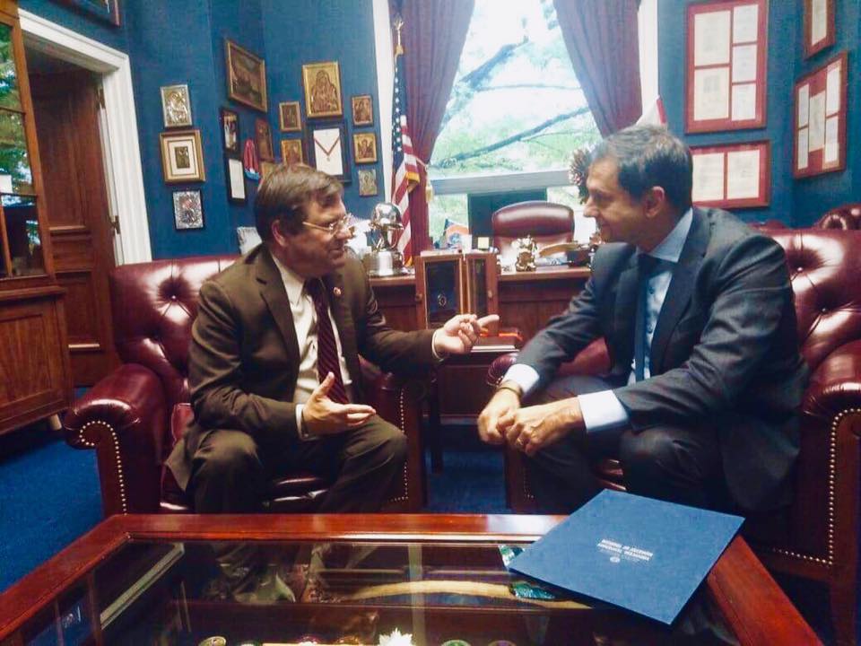 Gus Bilirakis, one of the co-chairs of the Congressional Travel and Tourism Caucus, discussing with Greek Tourism Minister Harry Theoharis.