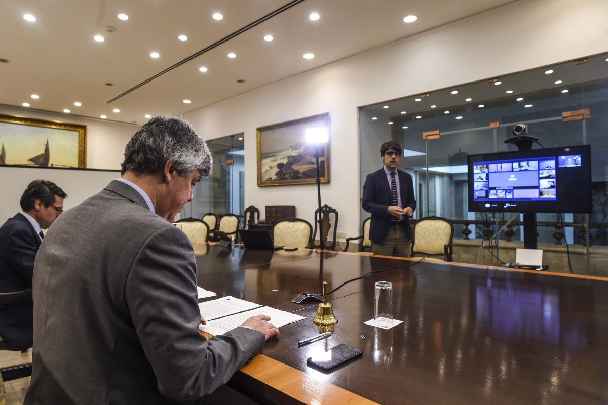 Eurogroup President Mario Centeno during video call at the Portuguese Ministry of Finance in Lisbon.