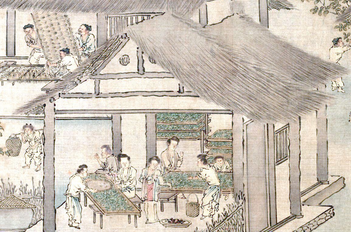 Women placing silkworms on trays together with mulberry leaves (Sericulture by Liang Kai, 1200s). Source: Wikipedia