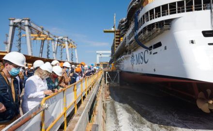 Water enters the dry dock to float MSC Seashore for the first time.