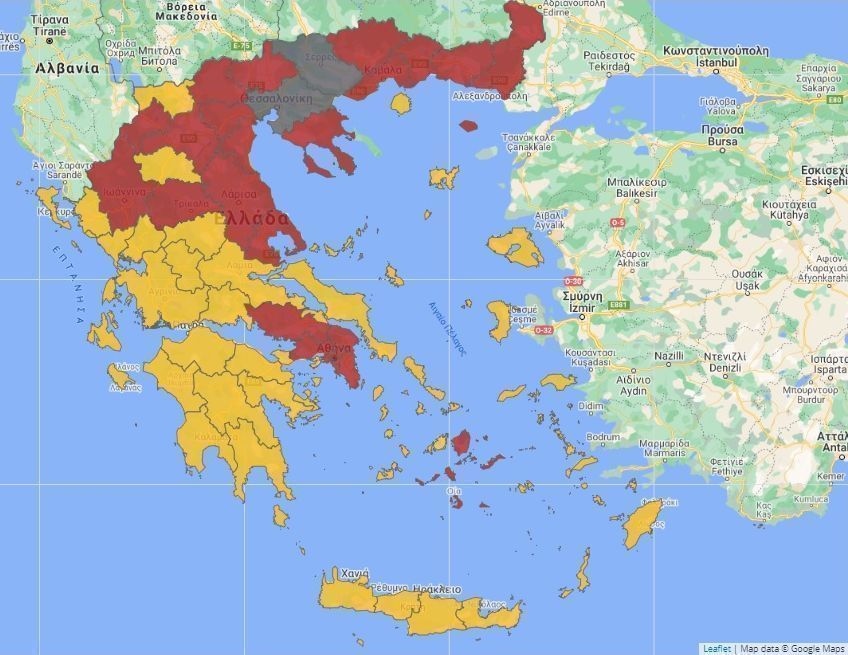 Greece's updated color-coded risk-assessment map. Source: covid19.gov.gr