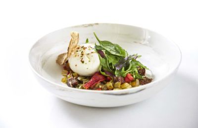 Buffalo burrata from Kerkini, grilled vegetable salad and fig pie.