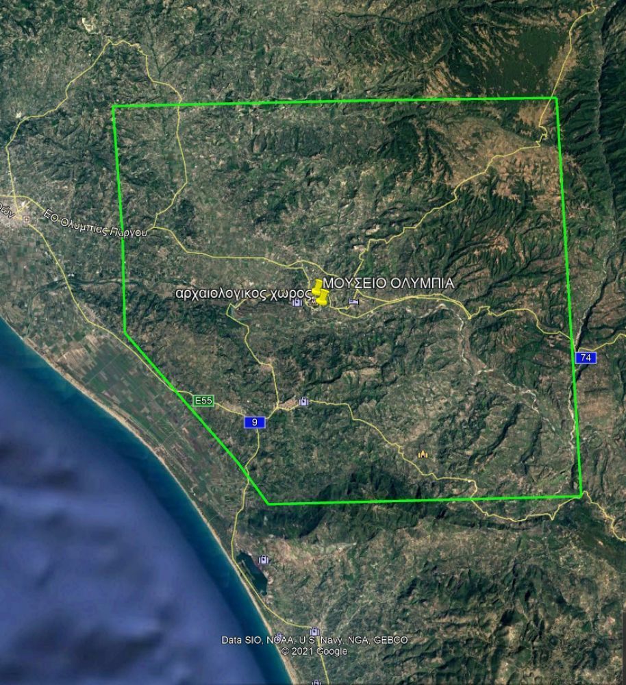 Mapping of the areas in Ancient Olympia affected by wildfires. Source: Greek General Secretariat for Civil Protection