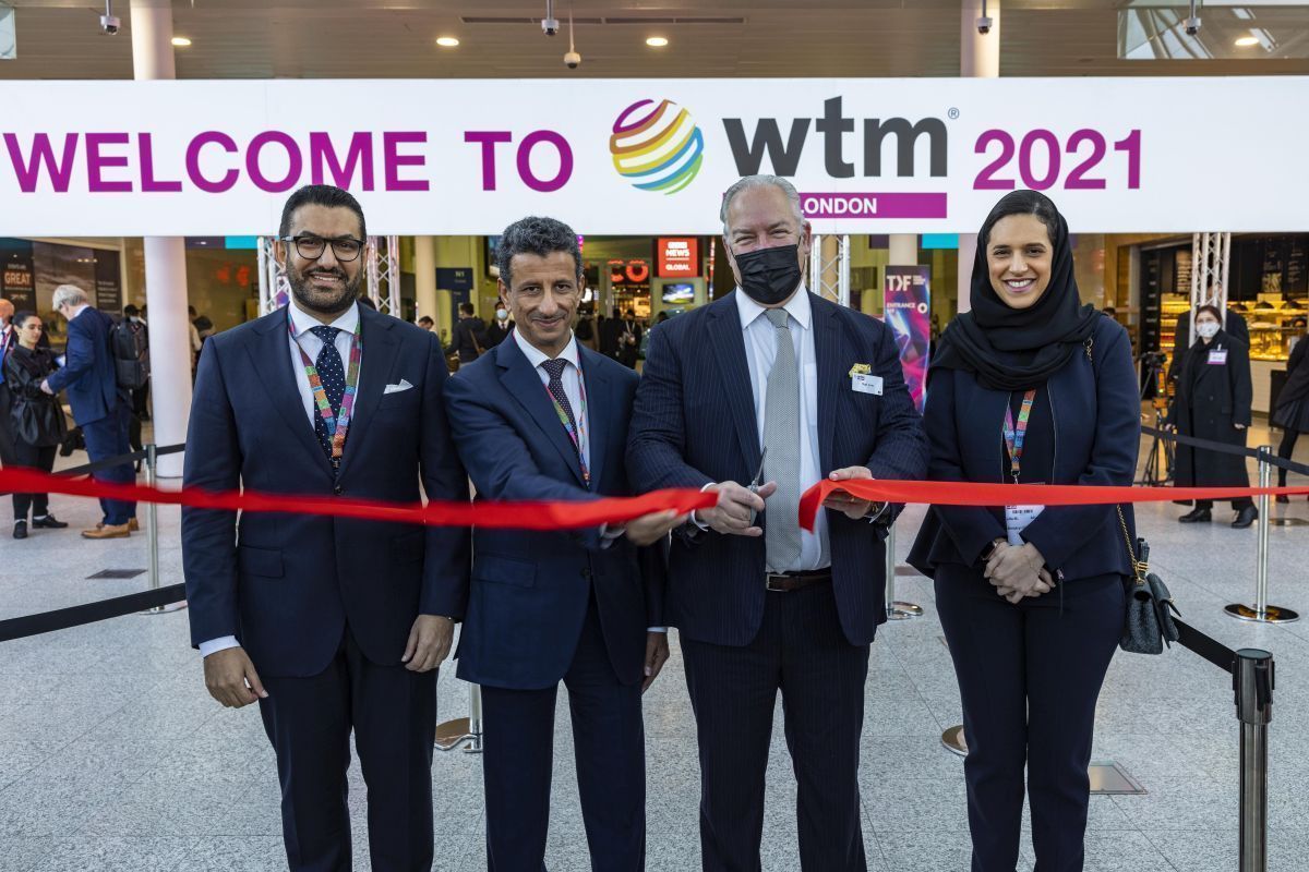 WTM London 2021 Opening Ceremony, ExCeL. From left to right: HE Ahmed Al Khateeb, Minister of Tourism in Saudi Arabia; Fahd Hammidaddin, Chief Executive Officer of Saudi Tourism Authority; Hugh Jones named CEO at RX Global; and Princess Haifa AI Saudi Assistant Minister of Tourism in Saudi Arabia.