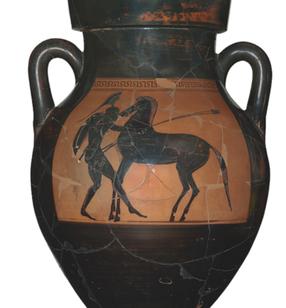 Attic black-figure amphora with warrior mounting horse. Photographer: S. Mavromatis © Ministry of Culture  / H.O.C.RE.D.